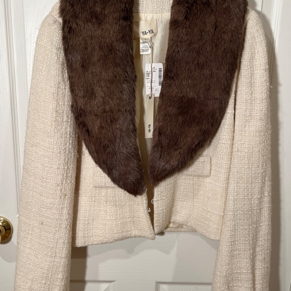Boucle Crop Jacket with Fur Shawl Collar - Ya-Ya